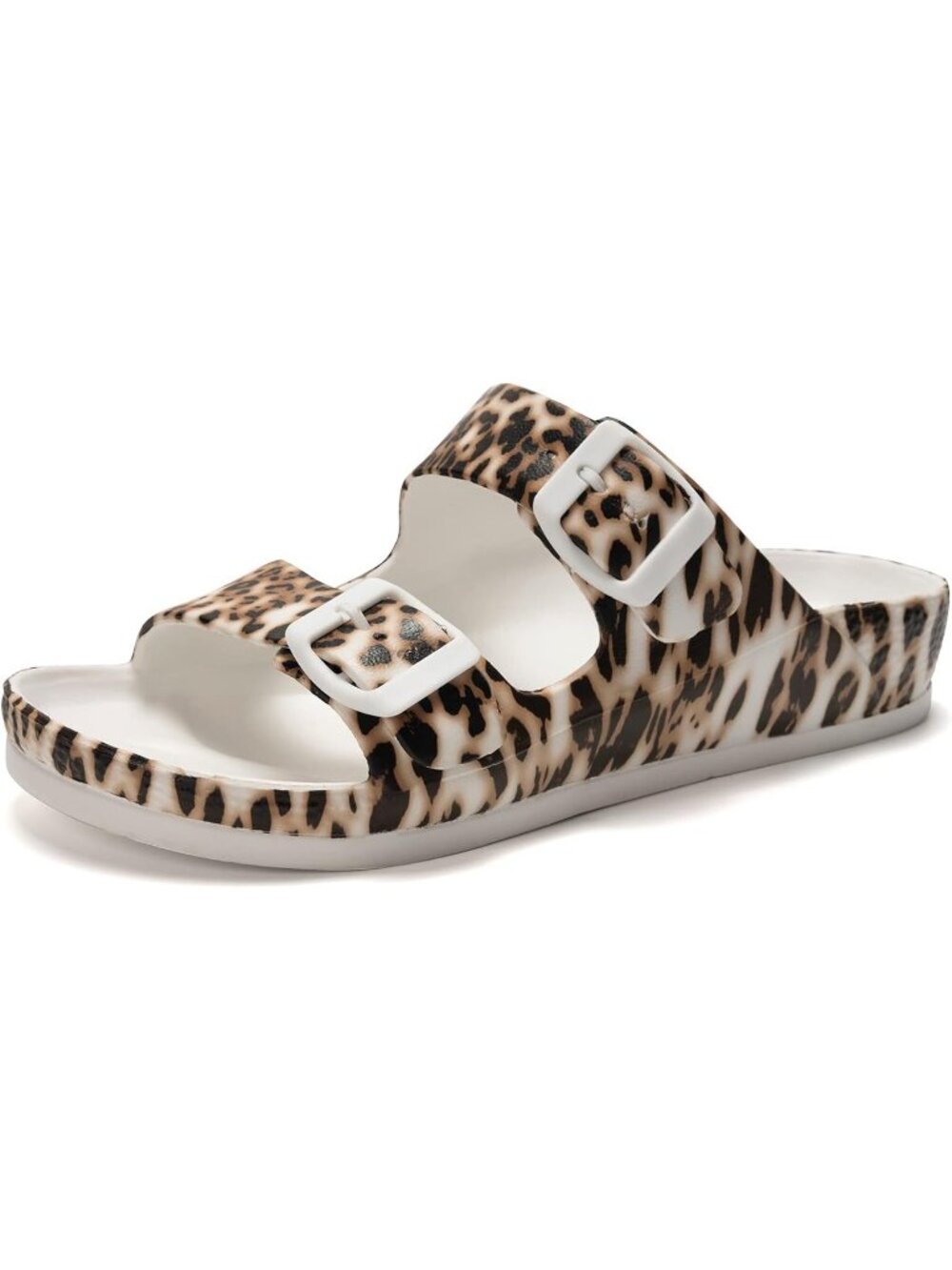 Women's Leopard Printing Chunky Slip-on Beach Slides Adjustable Buckle Sandals